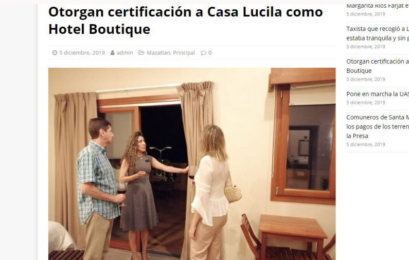 Otorgan certificación a Casa Lucila como Hotel Boutique